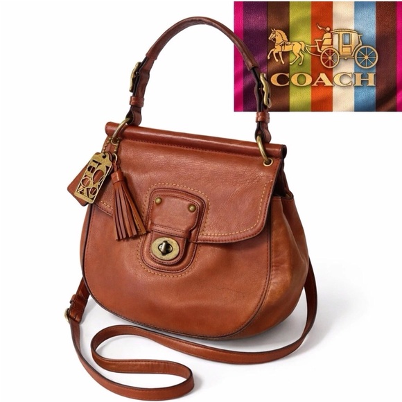 Coach Handbags - Coach Willis 19132 Tan Leather Flap Crossbody Legacy Stripe Lining